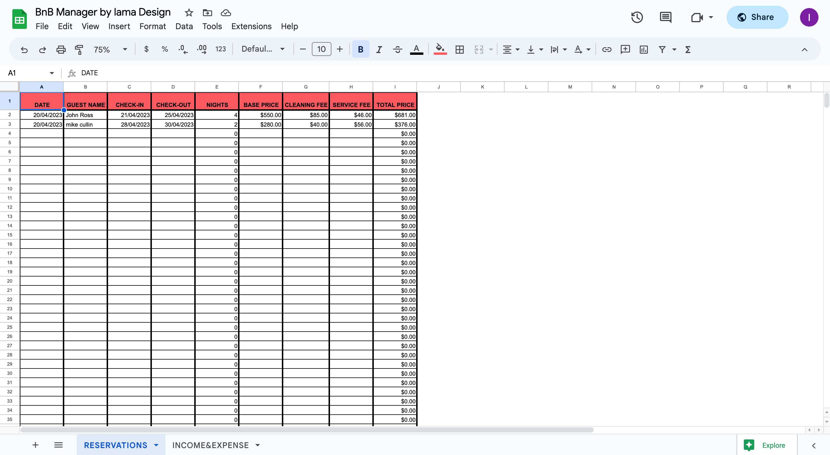 BnB Manager Google Sheets